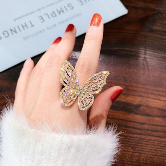 Jewelry - NEW Huge Gold & Pink Diamond Butterfly Ring